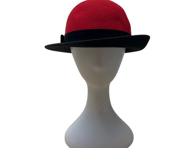 Vintage Dofan Red & Black Felt Wool Bowler Hat - 22in Circumferemnce