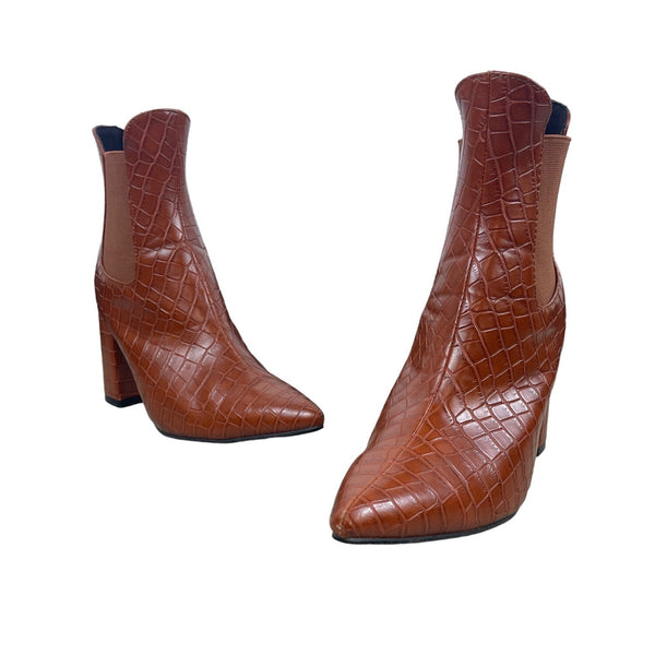 Unbranded Women's Orange Croc Skin Style Block Heel Pointed Toe Ankle Boots Sz 39