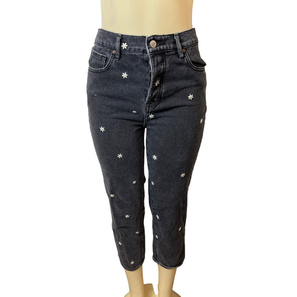 Pacsun Women's Faded Black High Rise Daisy Embroidered Straight Leg Jeans Sz 26