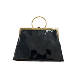 Vintage Black Frame Clutch Purse With Gold Tone Metal Handle And Satin Lining