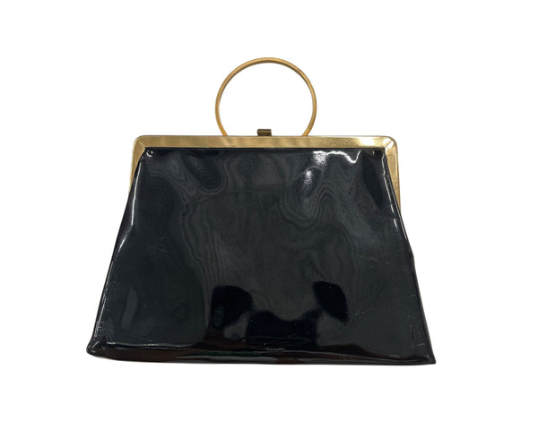 Vintage Black Frame Clutch Purse With Gold Tone Metal Handle And Satin Lining