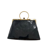 Vintage Black Frame Clutch Purse With Gold Tone Metal Handle And Satin Lining