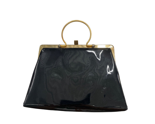 Vintage Black Frame Clutch Purse With Gold Tone Metal Handle And Satin Lining