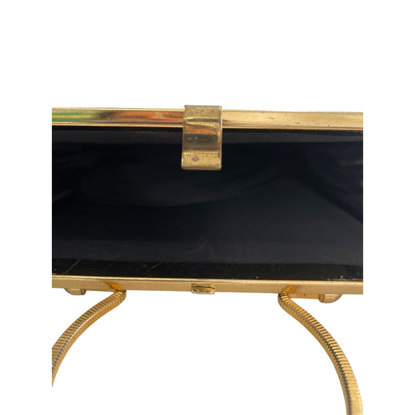 Vintage Black Frame Clutch Purse With Gold Tone Metal Handle And Satin Lining