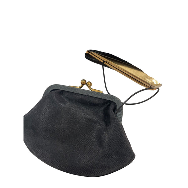 Vintage Black Frame Clutch Purse With Gold Tone Metal Handle And Satin Lining