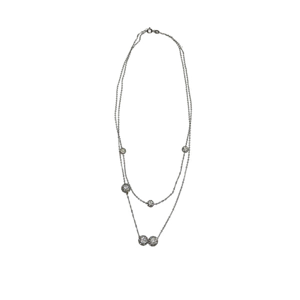 Double Strand Silver Necklace With Pave Bead Accents & Lobster Clasp Thin Elegant Minimalist Design