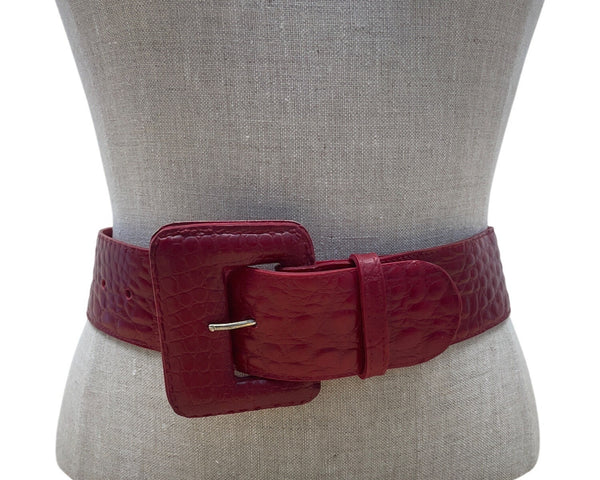 Vintage Red Crocodile Embossed Leather Belt With Square Buckle For Women