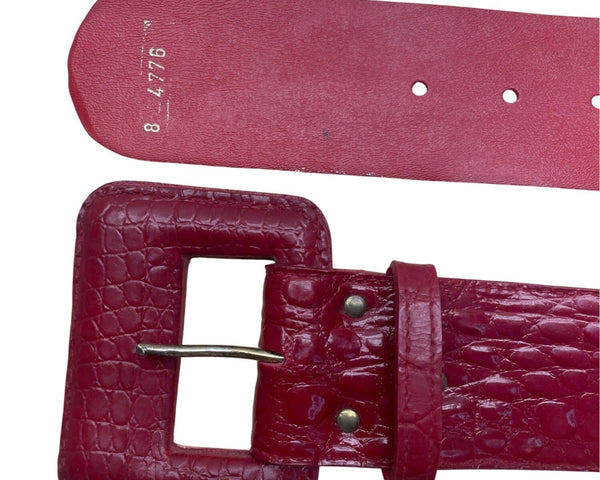 Vintage Red Crocodile Embossed Leather Belt With Square Buckle For Women