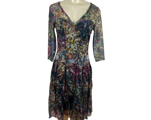 Elana Kattan Floral V-Neck Flowing Flare Paneled Skirt Women Dress Sz M - NEW