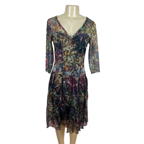 Elana Kattan Floral V-Neck Flowing Flare Paneled Skirt Women Dress Sz M - NEW