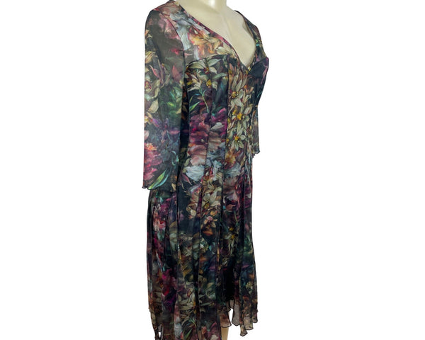 Elana Kattan Floral V-Neck Flowing Flare Paneled Skirt Women Dress Sz M - NEW