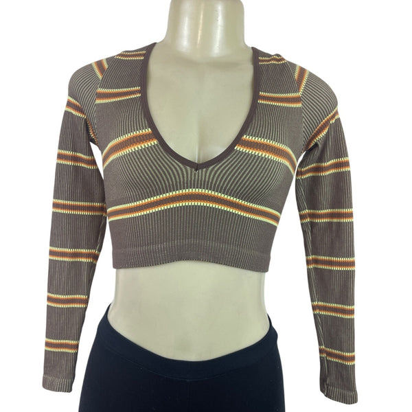 Urban Outfitters Women's Tan Striped & Ribbed Knit Long Sleeve Crop Top Sz XS