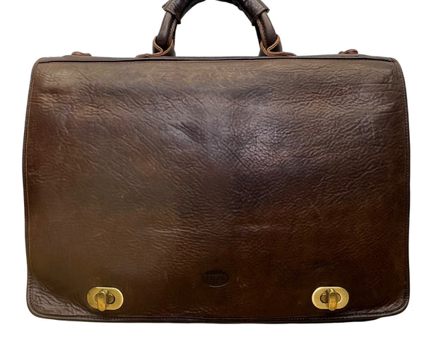 Vintage Roberto Firenze Men’s Brown Leather Briefcase With Dual Brass Clasps