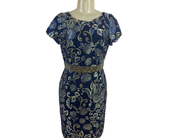 Carmen Marc Valvo Blue & Gold Floral Cocktail Dress With Beaded Waistband Sz 10