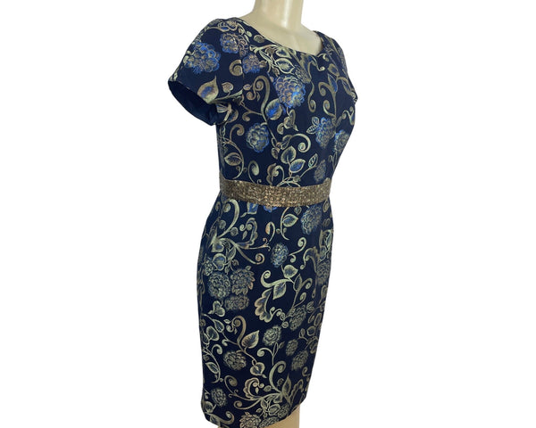 Carmen Marc Valvo Blue & Gold Floral Cocktail Dress With Beaded Waistband Sz 10