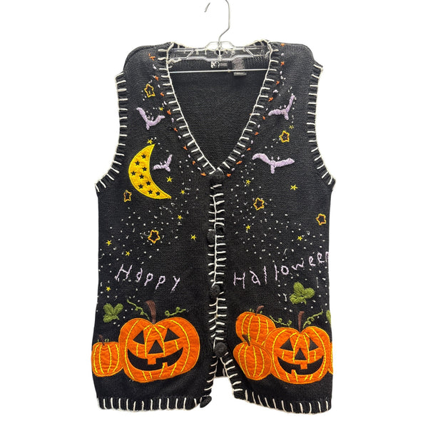 Holiday Editions Womens Black Cotton Ramie Halloween Vest Medium Pumpkin Bat