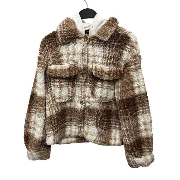 Almost Famous Womens Brown/White Plaid Sherpa Jacket Button Front Oversized M