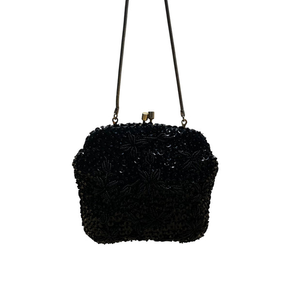 Unbranded Vintage Black Sequin Beaded Metal Frame & Chain Strap Evening Purse