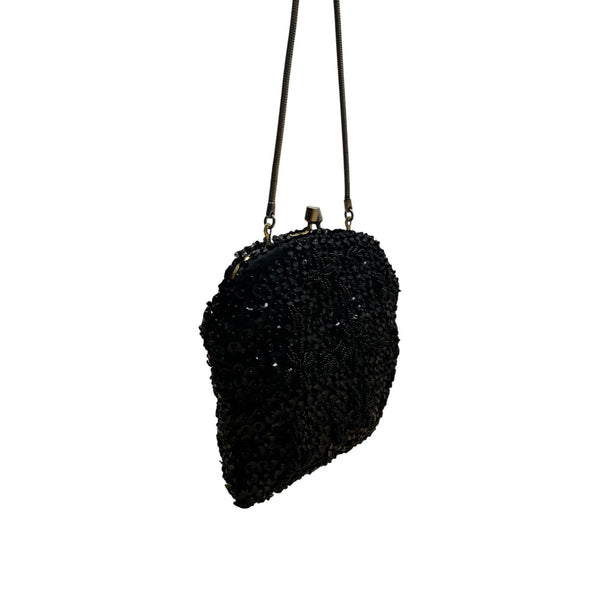 Unbranded Vintage Black Sequin Beaded Metal Frame & Chain Strap Evening Purse