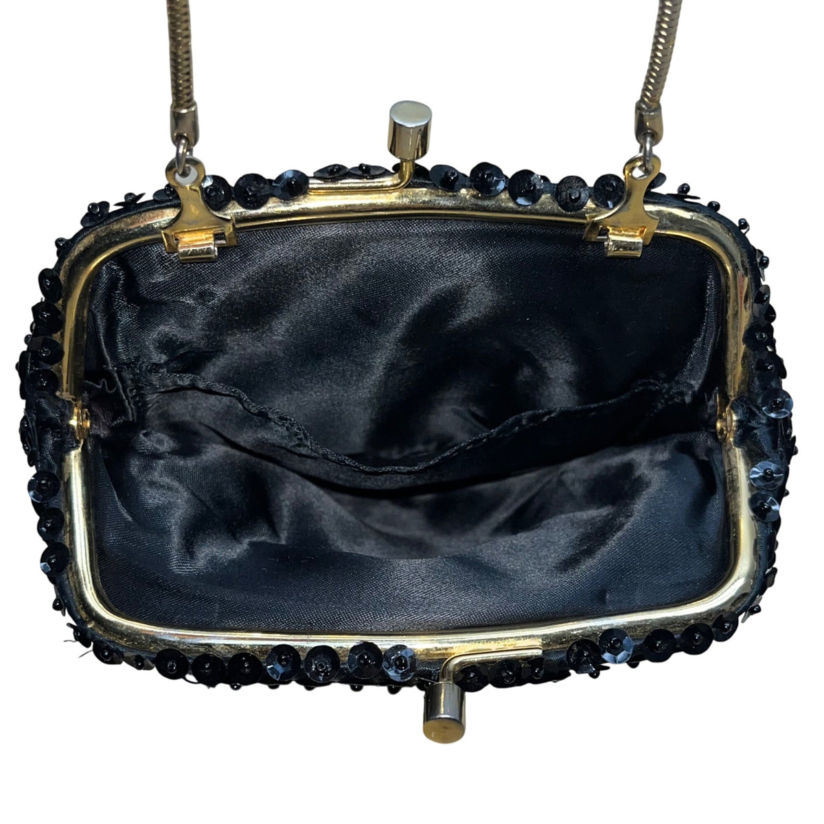 Unbranded Vintage Black Sequin Beaded Metal Frame & Chain Strap Evening Purse