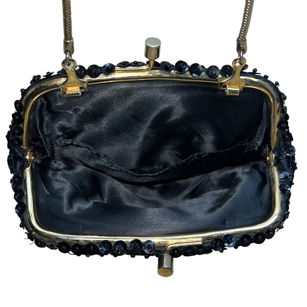 Unbranded Vintage Black Sequin Beaded Metal Frame & Chain Strap Evening Purse