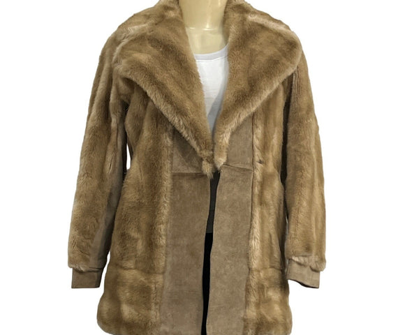 Vtg 60s Rosewin Women Brown Leather Faux Fur & Leather Coat With Shawl Collar