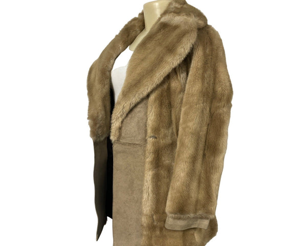 Vtg 60s Rosewin Women Brown Leather Faux Fur & Leather Coat With Shawl Collar