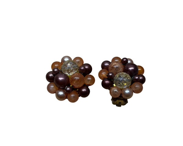 Vintage Cluster Bead Clip-On Earrings Brown & Clear Lucite Retro Jewelry