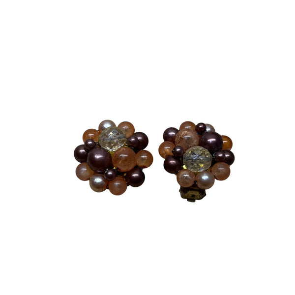 Vintage Cluster Bead Clip-On Earrings Brown & Clear Lucite Retro Jewelry