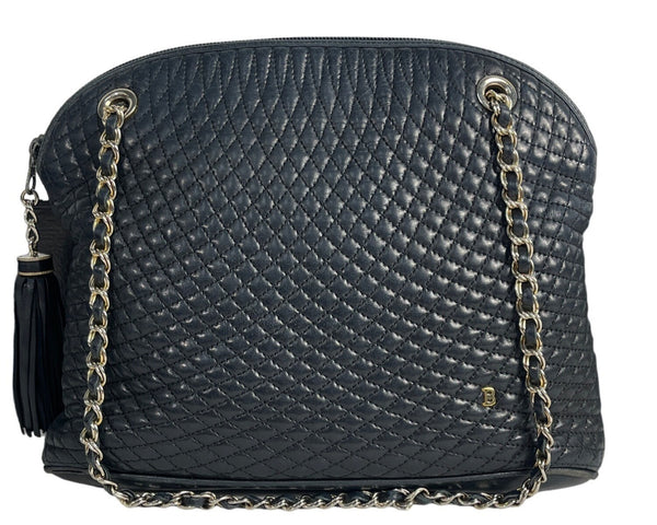 Vintage Bally Women's Dark Blue Quilted Leather Chained Strap Shoulder Bag Sz M