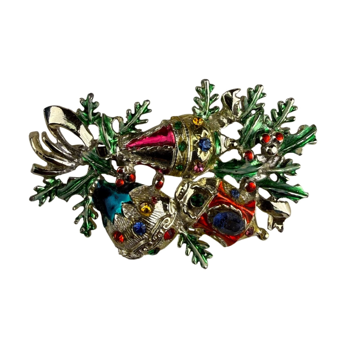 Holiday Gold Tone Christmas Pin Brooch CBJ Multi-Color Enamel Rhinestones