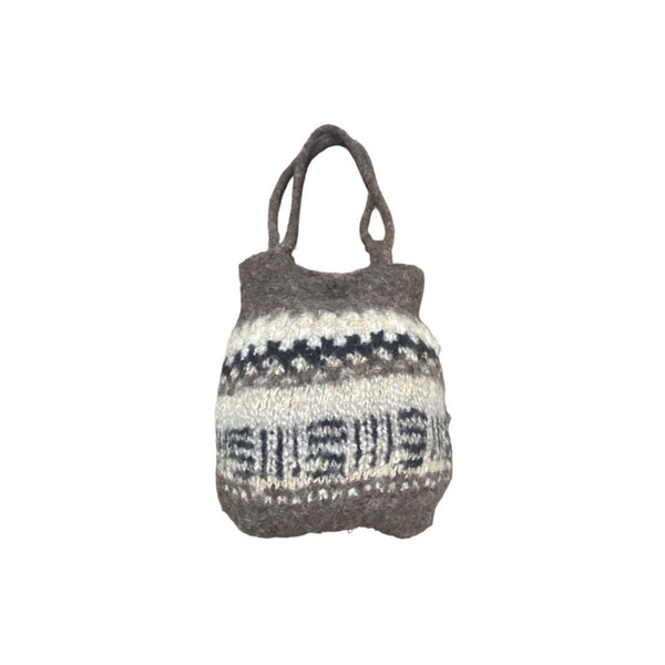 Handcrafted Brown White Woven Wool Snap closure Women's Shoulder Bag Sz M