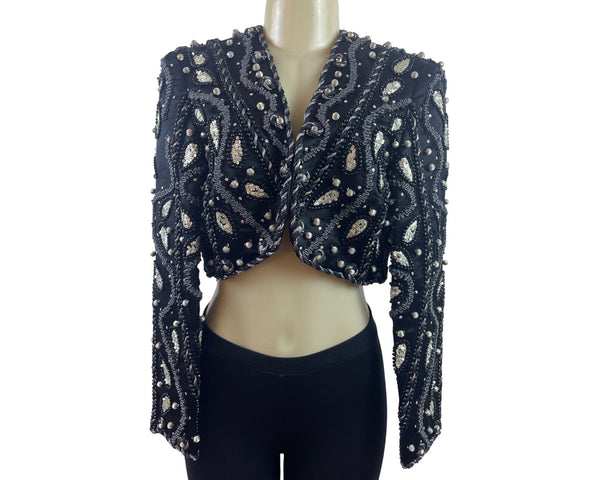 Vintage Victoria Royal Ltd. Black Beaded & Sequined Cropped Jacket Sz 10