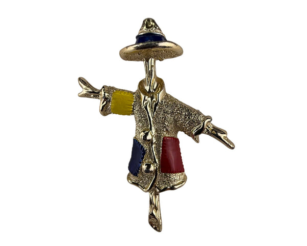 Sarah Coventry Gold Tone Enamel Scarecrow Brooch Pin Red Blue Yellow
