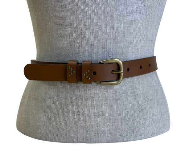 Brown Leather Belt W/ Brass Buckle & Rivet Detail Adjustable Holes Casual/Business Size XL Unisex