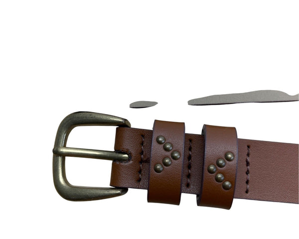 Brown Leather Belt W/ Brass Buckle & Rivet Detail Adjustable Holes Casual/Business Size XL Unisex