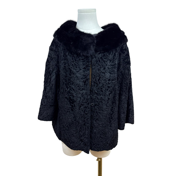 Vintage 50s - 60s Helen L Black Fur Cap Textured Body and Mink-Style Collar S/M