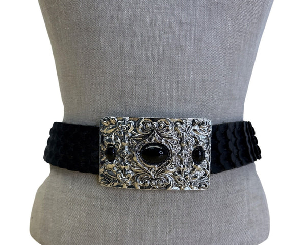 Vintage Silver Buckle Elastic Black Waist Belt With Scalloped Faux Leather Design For Women