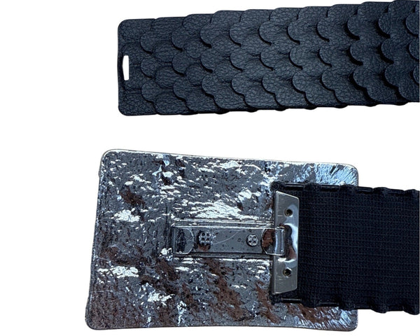 Vintage Silver Buckle Elastic Black Waist Belt With Scalloped Faux Leather Design For Women