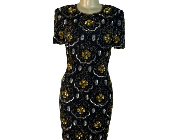 Adrianna Papell Black & Gold Beaded Silk Evening Dress With Keyhole Back