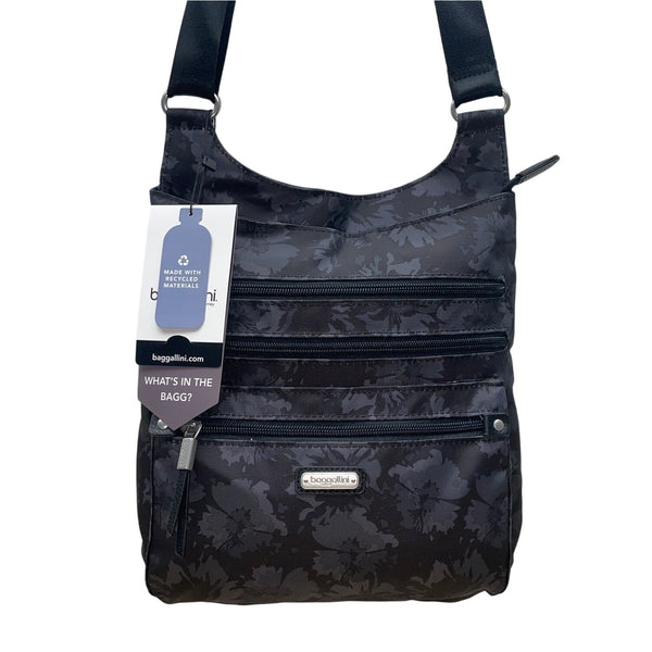 Baggallini Black Floral Design Adjustable Strap Zippered RFID Crossbody Bag Sz M
