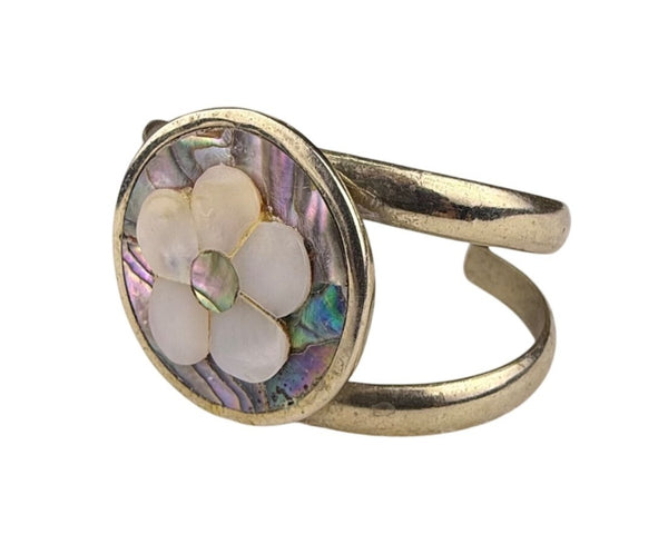 Vintage Abalone & Mother Of Pearl Adjustable Cuff Bracelet Mexico Silver Tone.