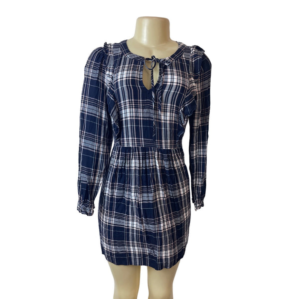 Loft Petite Navy Plaid Long Sleeve Dress Rayon Womens Sz MP