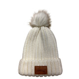 Lakers White Knit Beanie With Faux Fur Pom-Pom & Leather Patch one size