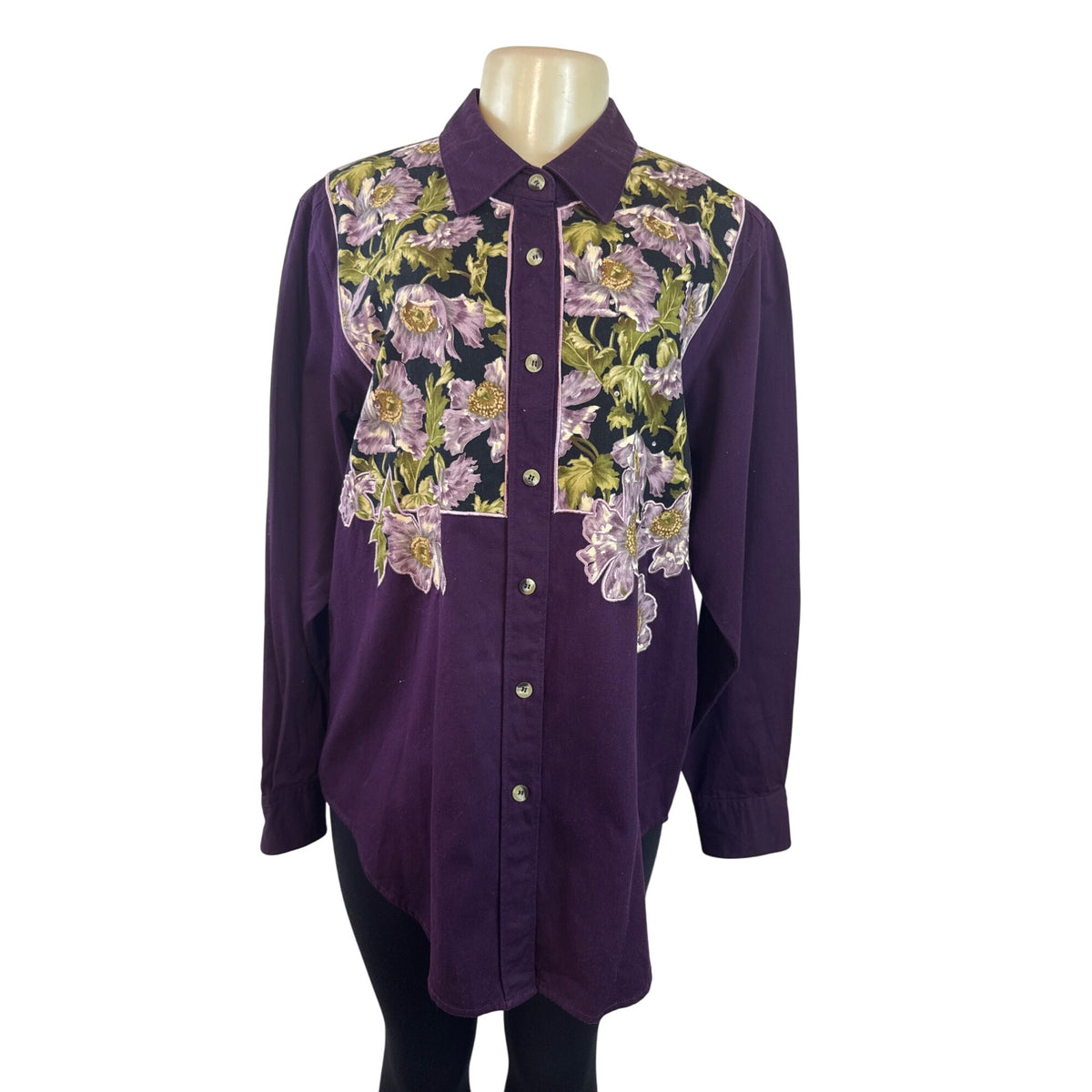 Vintage The Quacker Factory Women Purple Button-Up Floral Embroidered Shirt Sz L