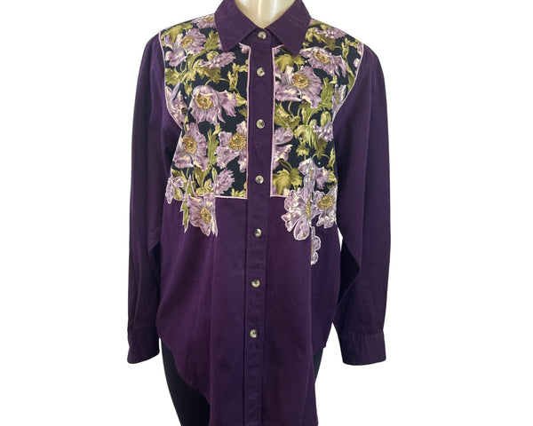 Vintage The Quacker Factory Women Purple Button-Up Floral Embroidered Shirt Sz L