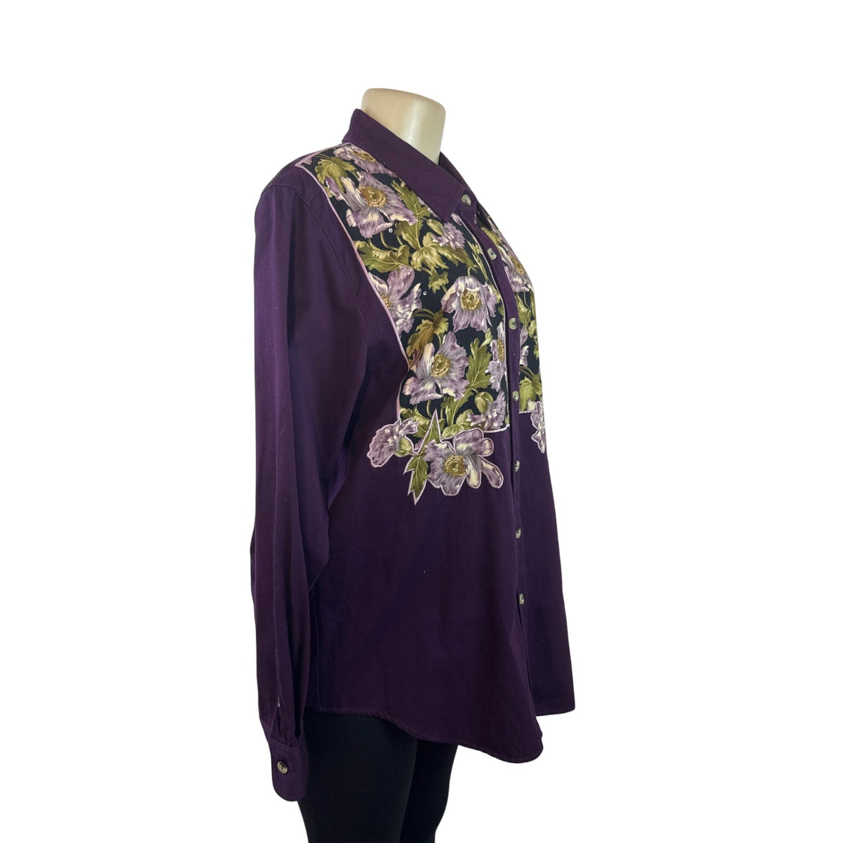 Vintage The Quacker Factory Women Purple Button-Up Floral Embroidered Shirt Sz L