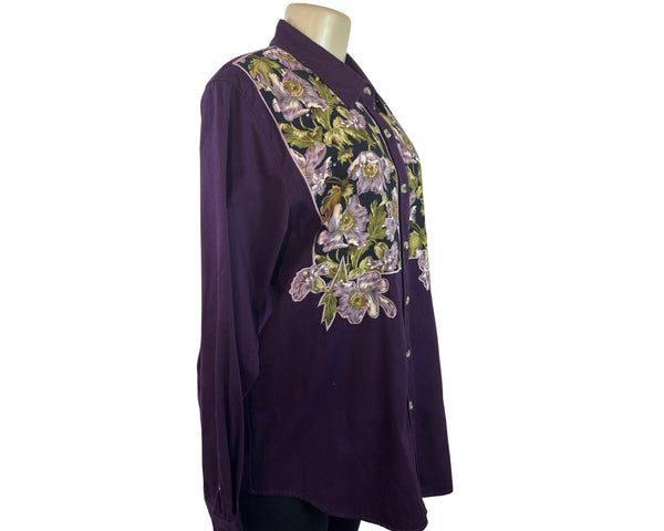 Vintage The Quacker Factory Women Purple Button-Up Floral Embroidered Shirt Sz L