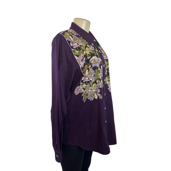 Vintage The Quacker Factory Women Purple Button-Up Floral Embroidered Shirt Sz L