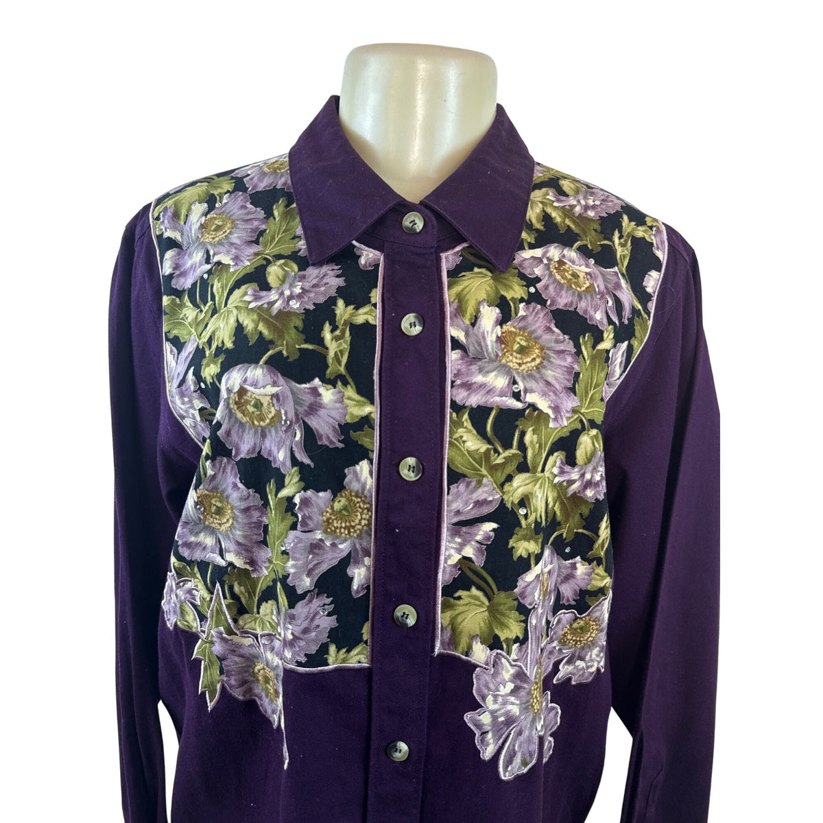 Vintage The Quacker Factory Women Purple Button-Up Floral Embroidered Shirt Sz L